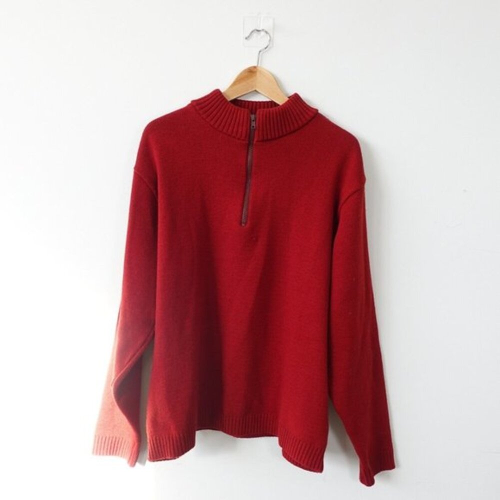 VINTAGE CC Filson Sweater Men Large Red Virgin Wool 1/4 Zip Guide Heavy Dark USA